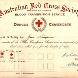 Australian Red Cross Society Donor's Certificate, 1945-1946