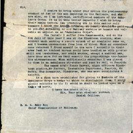 Letter from Daniel Collins to the Chief Commissioner of Railways, 1890