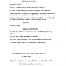 Blacktown Music, Dancing & Elocution Teachers during the 1930s