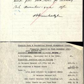 Francis Park & Recreation Ground Management Committee Blacktown, December 1942