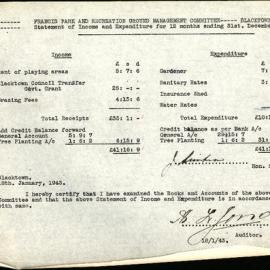  Francis Park & Recreation Ground Management Committee Blacktown, Statement of Income and Expenditure, 1942