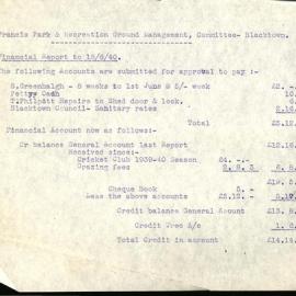 Francis Park & Recreation Ground Management Committee Blacktown, June 1940