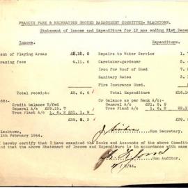 Francis Park & Recreation Ground Management Committee Blacktown, Statement of Income and Expenditure, 1943