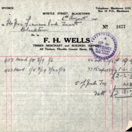 Invoices and Receipts from F H Wells, Blacktown, 1941