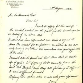 Letter from Blacktown Cricket Club to Francis Park Management Committee, 1940