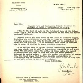 Letter from Metropolitan Water Sewerage and Drainage Board, 1940