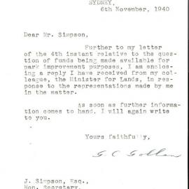 Letter from George Charles Gollan MLA to James Simpson, Nov 1940