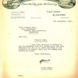 Letter from George Nixon Stewart to James Simpson, 9 Sep 1940