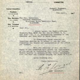 Letter from Blacktown Shire Patriotic Fund Central Committee, 1944