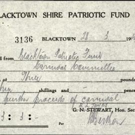 Blacktown Shire Patriotic Fund Receipt, 1944