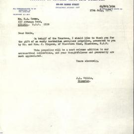 Donation of Aeroplane Propeller to Museum of Applied Arts and Sciences, 1971