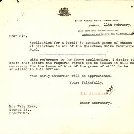 Application for  a permit by Blacktown Shire Patriotic Fund Committee to hold games of Chance, 1944