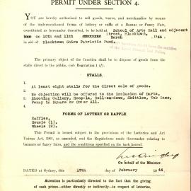 Lotteries and Art Unions Act Permit for Blacktown Patriotic Fund Event, 1944