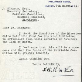 Letter from Frank Hill MLA to James (Jim) Simpson, March 1944