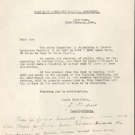 Letter from Blacktown Shire Patriotic Fund Carnival Committee, 1944