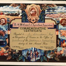 NSW Council of Agricultural Associations, Commemorative Certificate, 1938