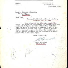 Letter to Simpson & Francis from Blacktown Shire Clerk, 1953