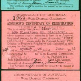 Assessor's Certificate of Registration, War Damage Commission, 1942