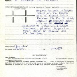 Request for Footpath, Marcel Crescent, Blacktown, 1989