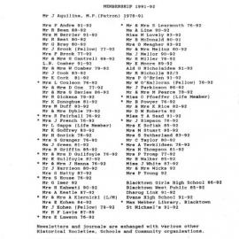 Blacktown and District Historical Society Membership 1991-1992