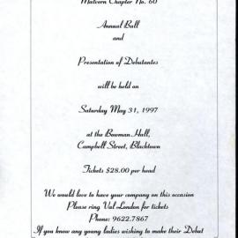 Malvern Chapter No 60 Annual Ball and Presentation of Debutantes, 1997