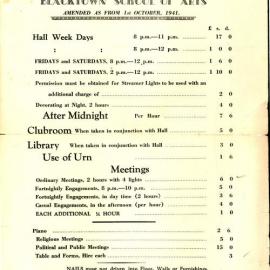 Blacktown School of Arts, Tariff Chart, 1941