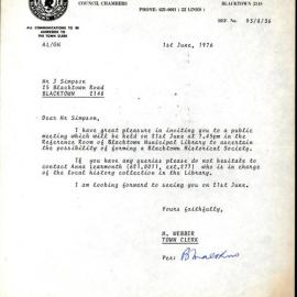 Letter from Max Webber to James (Jim) Simpson, 1 June 1976