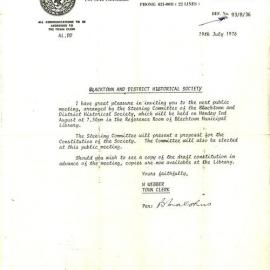 Letter Blacktown and District Historical Society, 1976