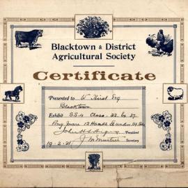 Blacktown and District Agricultural Society Certificate, 1921