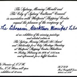 Invitation to Opening Sydney Morning Herald Art Award and Scholarship for a City Heritage Painting Exhibition, 1979