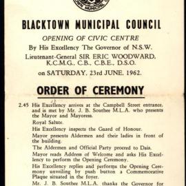 Order of Ceremony, Opening of Blacktown Municipal Council Civic Centre, 1962