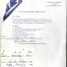 Blacktown and District Agricultural Horticultural and Industrial Society, Annual General Meeting Agenda, 1985