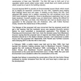 BHP Mini Steel Mill, Rooty Hill - Brief Account of Opposition by Residents, c1990s