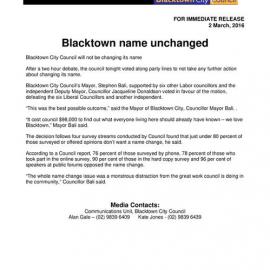 Blacktown Name Unchanged, 2016