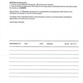 Bill Felice (Mayoral Minute No 489), 2017