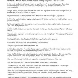  Official Naming Ray Sloss Field (Mayoral Minute No 603) ,2021