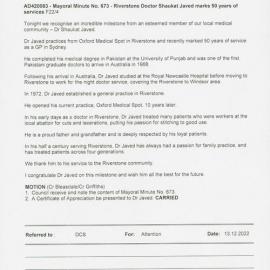 Doctor Shaukat Javed Marks 50 years of Service as a Riverstone GP (Mayoral Minute No 673), 2022