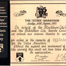 Blacktown Cities Marathon Athletic Gala Day Certificate for Officials, 1983