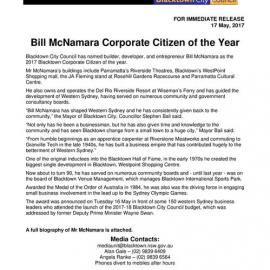 Blacktown City Council Corporate Citizen of the Year 2017, Bill McNamara