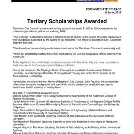 Blacktown City Council Tertiary Scholarship Awards, 2017