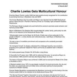 Charlie Lowles Gets Multicultural Honour, 2017