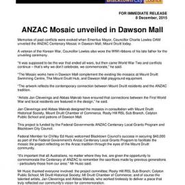ANZAC Mosaics Unveiled, Dawson Mall, 2015