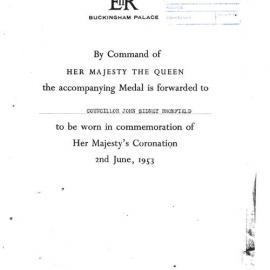 Queen Elizabeth II Coronation Medal awarded to Councillor John Sidney Bromfield
