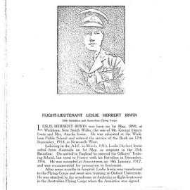 Bank of NSW Roll of Honour - Listing for Les Irwin, 1921