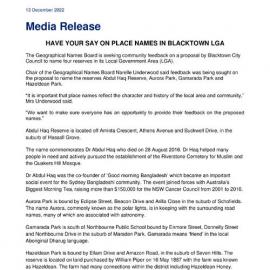 Proposed Naming of Reserves, 2022