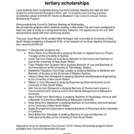 Blacktown City Council Tertiary Scholarship Winners, 2015