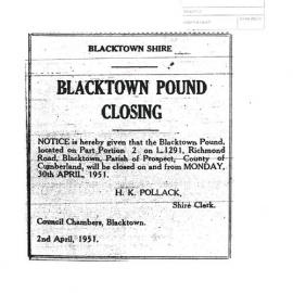 Blacktown Shire Pound Closure, 1951