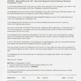 Aunty Margaret Joan Farrell (Mayoral Minute No 681), 2023