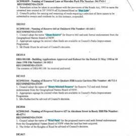 Naming of Blacktown City Council Reserves and Lane, 1998