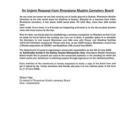 An Urgent request from the Riverstone Muslim Cemetery Board, 2008